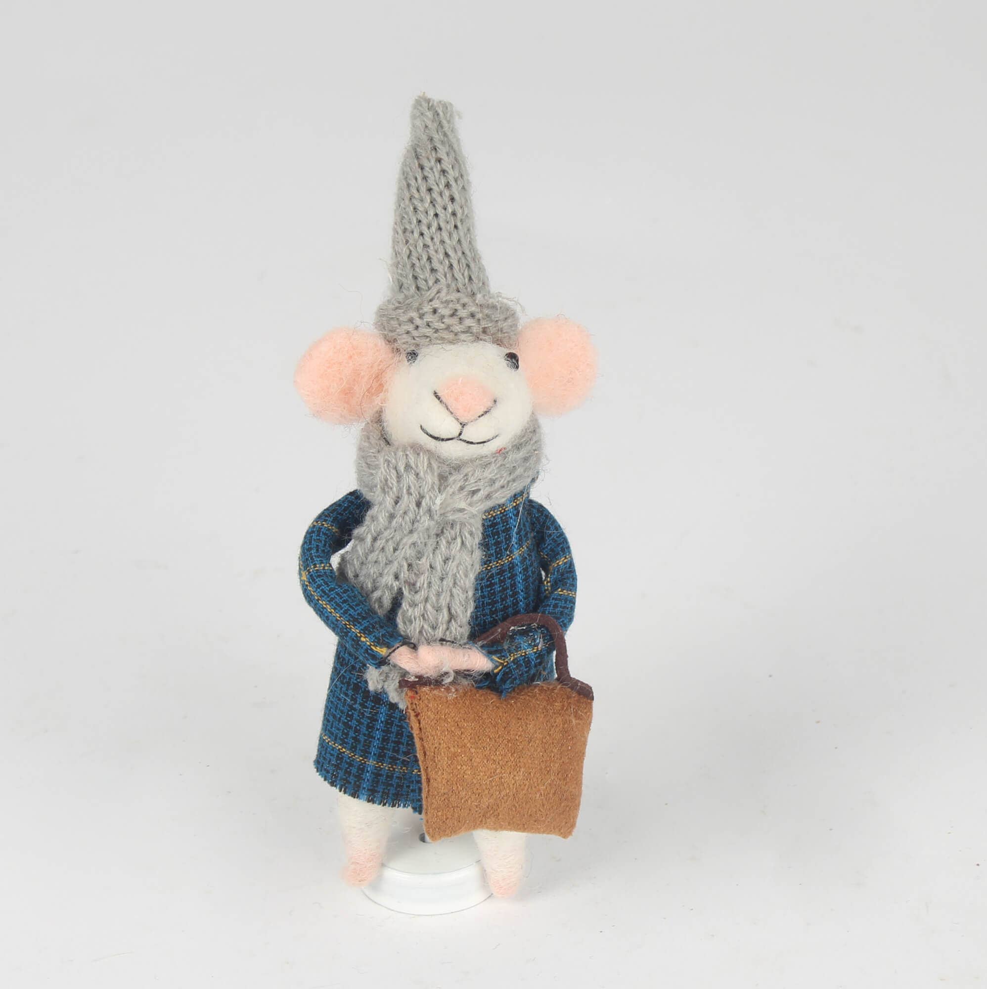Felt Winter Mouse In Grey Hat Holding Bag