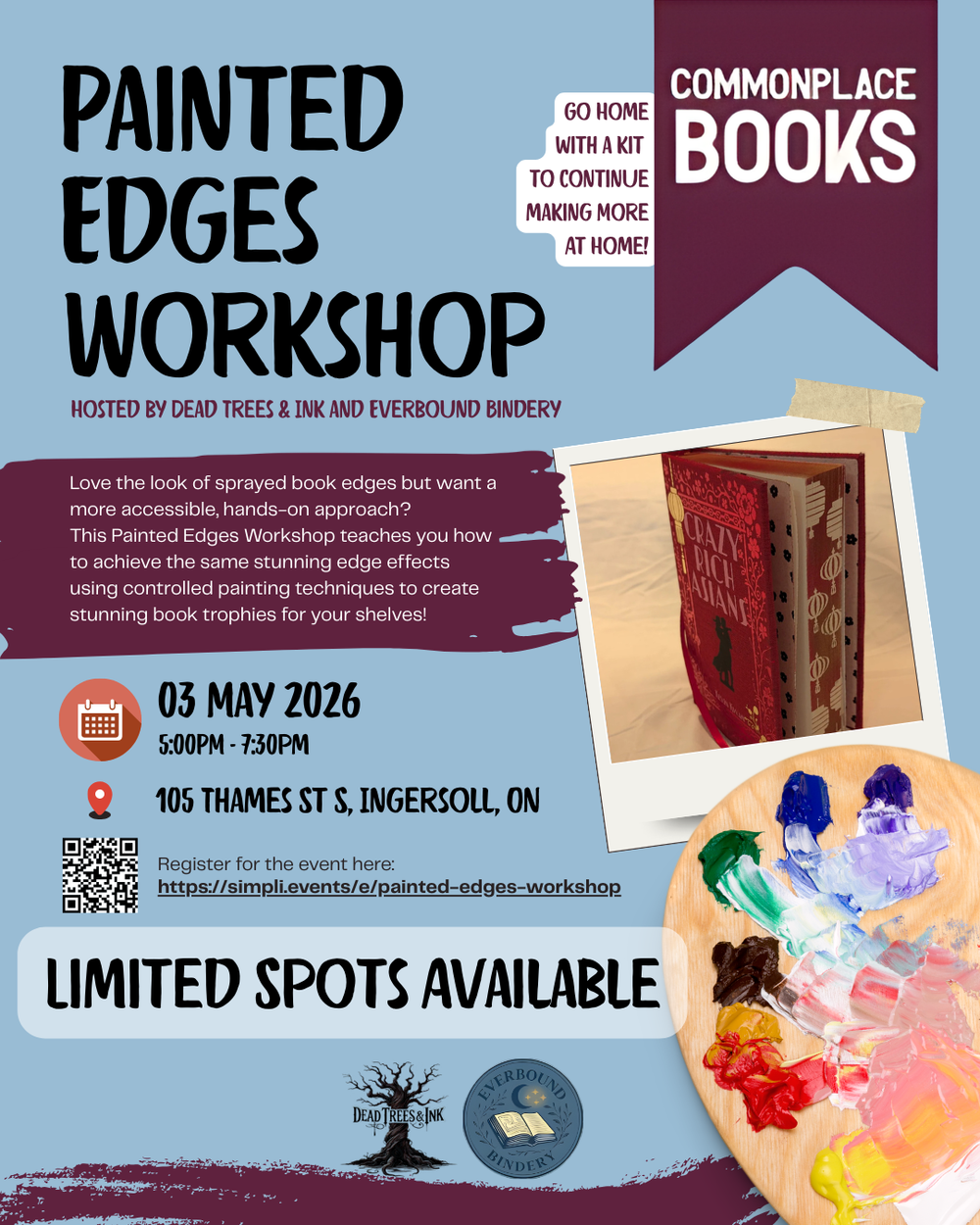 Promotional flyer for Painted Edges Workshop hosted by Commonplace Books with event details and a paint palette image.