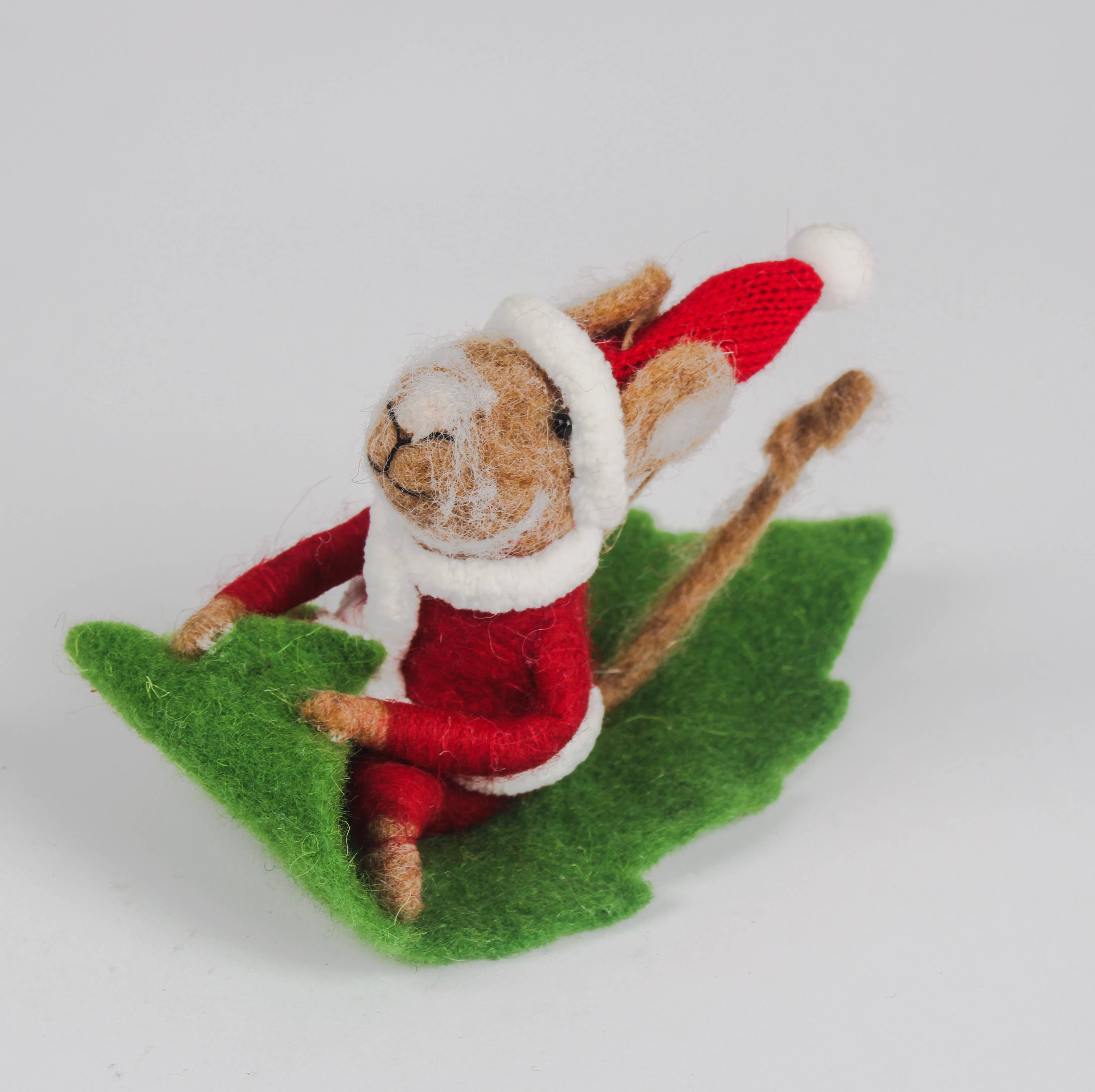 Felt Santa Mouse On Leaf Sled